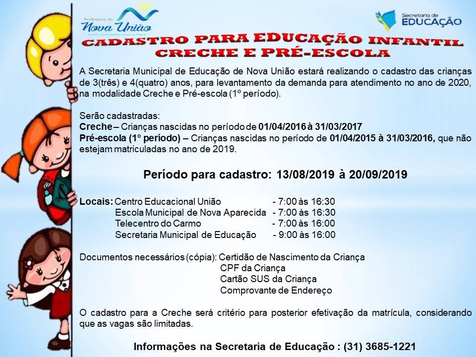 Prefeitura Municipal De Nova União Cadastro Para EducaÇÃo Infantil Creche E PrÉ Escola 9100